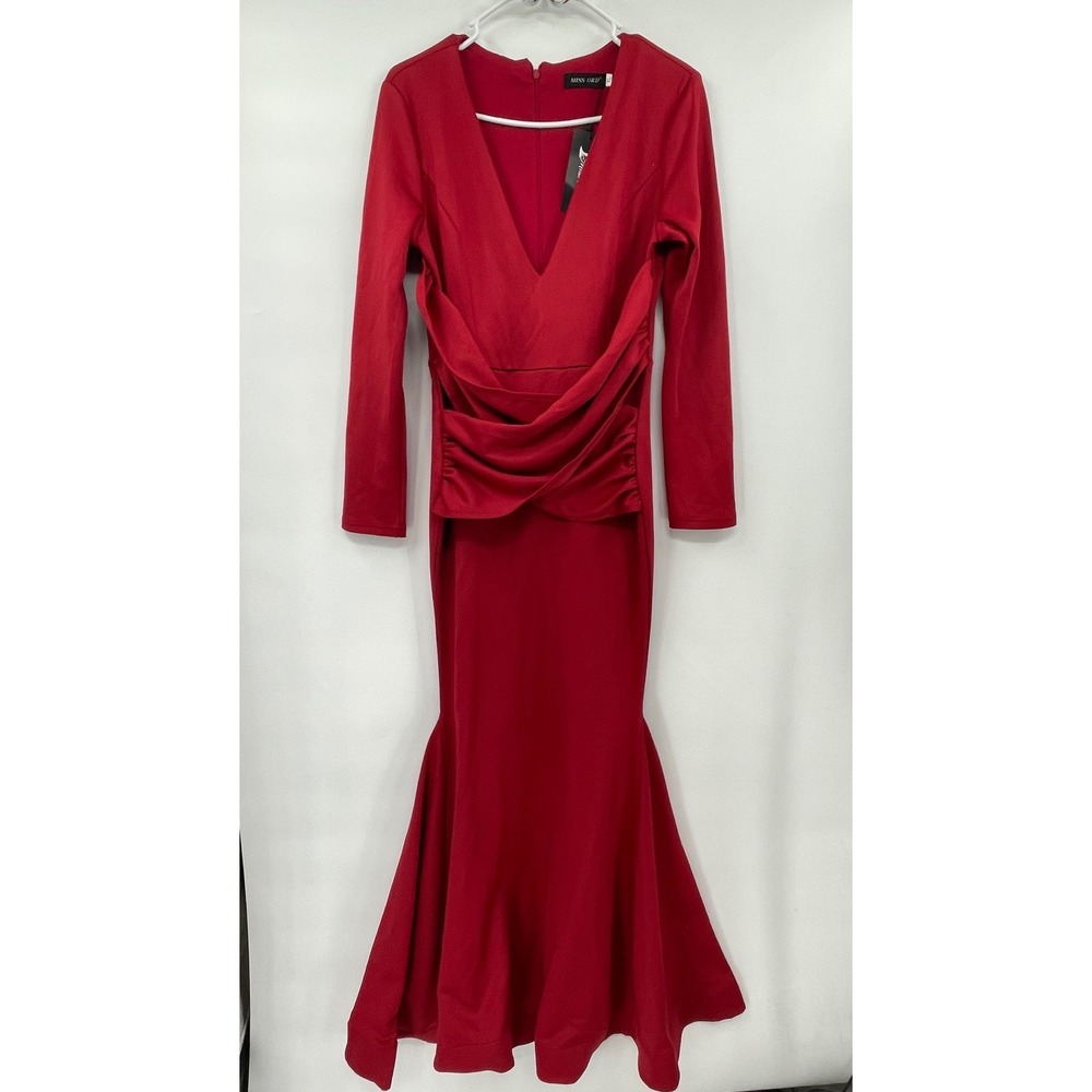 Miss Ord XL Mermaid Gown Womens Red Ruched V-Neck Long Sleeve Formal Dress